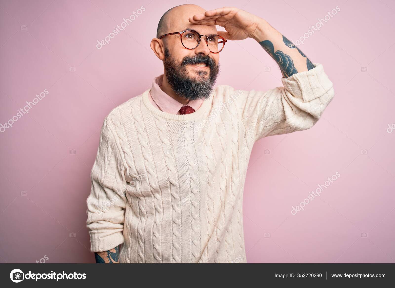 Handsome Bald Man Beard Tattoo Wearing Glasses Sweater Pink
