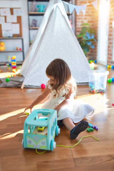 Adorable Blonde Toddler Playing Car Toy Lots Toys Kindergarten — Stock Photo, Image