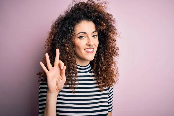 Young Beautiful Woman Curly Hair Piercing Wearing Casual Striped Shirt — Stock Photo, Image