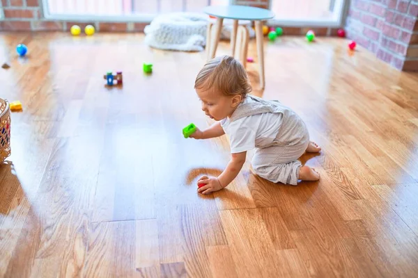 Adorable Blonde Toddler Playing Lots Toys Kindergarten — Stock Photo, Image