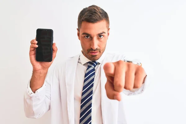 Young Scientist Man Showing Smartphone Screen Isolated Background Pointing Finger — Stock Photo, Image