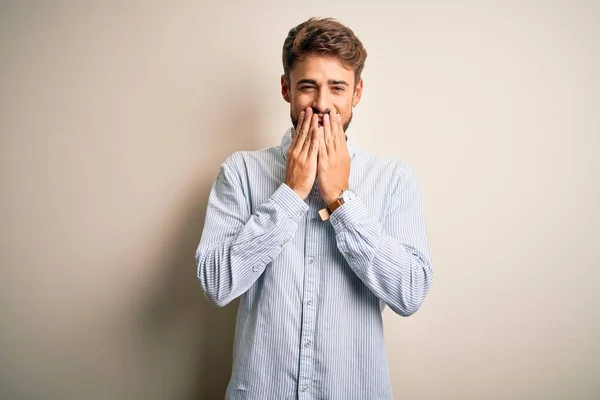 Young Handsome Man Beard Wearing Striped Shirt Standing White Background — Stockfoto