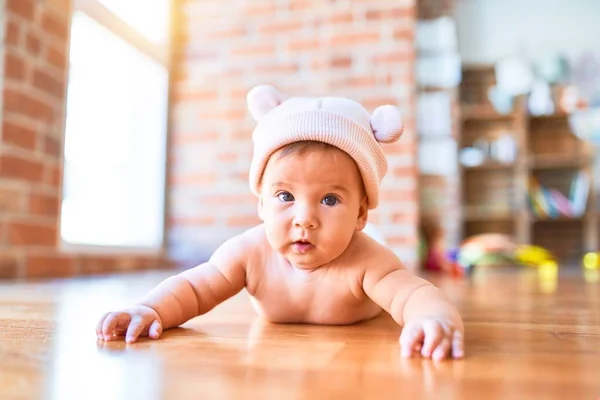 Adorable Baby Lying Sofa Home Newborn Wearing Fanny Hat Relaxing — Stock Photo, Image
