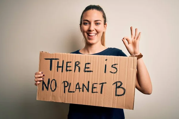 Young Beautiful Blonde Woman Blue Eyes Asking Protect Planet Holding — Stock Photo, Image