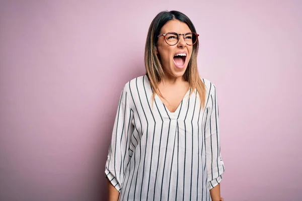 Young Beautiful Woman Wearing Casual Striped Shirt Glasses Pink Background — Stock Photo, Image