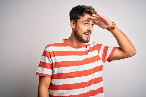 Young Handsome Man Beard Wearing Striped Shirt Standing White Background — Stockfoto