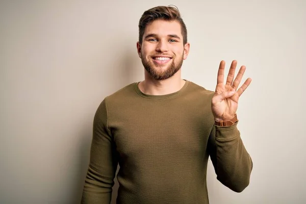 Young Blond Man Beard Blue Eyes Wearing Green Sweater White — Stock Photo, Image