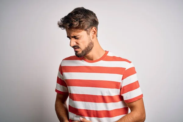 Young Handsome Man Beard Wearing Striped Shirt Standing White Background — Stockfoto