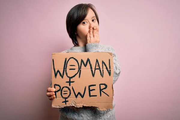 Young Syndrome Woman Holding Women Power Protest Banner Pink Background — Stock Photo, Image