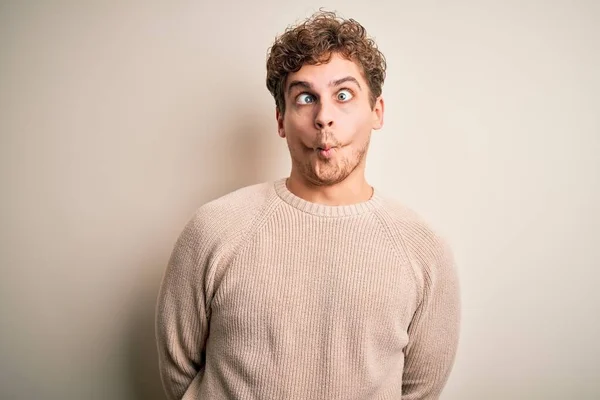 Young Blond Handsome Man Curly Hair Wearing Casual Sweater White — Stok fotoğraf