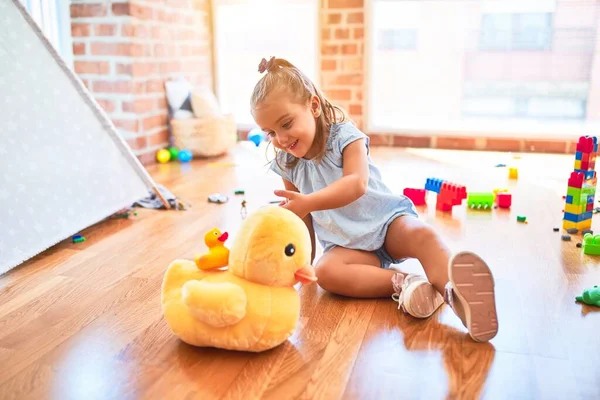 Young Beautiful Blonde Girl Kid Enjoying Play School Toys Kindergarten — Stock Photo, Image