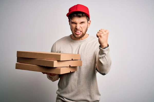 Young Blond Delivery Man Beard Blue Eyes Holding Cardboards Pizza — Stockfoto