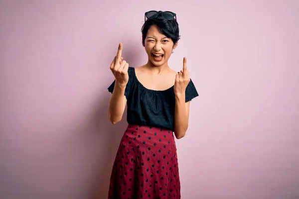 Young Beautiful Asian Girl Wearing Casual Dress Standing Isolated Pink — Stockfoto