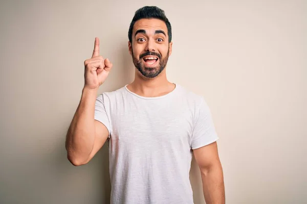 Young Handsome Man Beard Wearing Casual Shirt Standing White Background — Stock Photo, Image