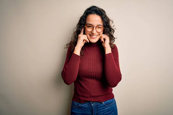 Beautiful Woman Curly Hair Wearing Casual Sweater Glasses White Background — Stock Photo, Image