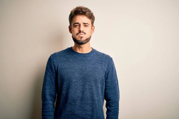 Young Handsome Man Beard Wearing Casual Sweater Standing White Background — Stock Photo, Image