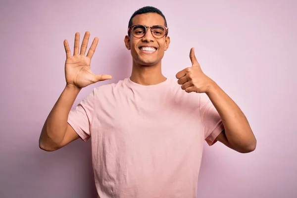 Handsome African American Man Wearing Casual Shirt Glasses Pink Background — Stock Photo, Image