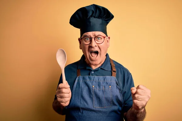 Middle Age Cooker Man Wearing Apron Hat Holding Wooden Spoon — Stock Photo, Image