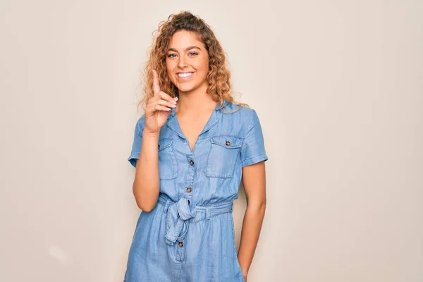 Young Beautiful Woman Blue Eyes Wearing Casual Denim Dress White — Stock Photo, Image