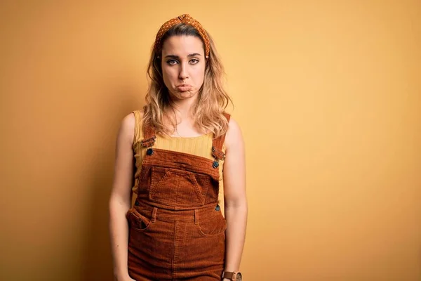 Young Beautiful Blonde Woman Wearing Overalls Diadem Standing Yellow Background — Stock Photo, Image