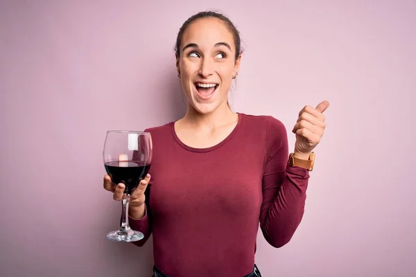 Young Beautiful Woman Drinking Glass Red Wine Isolated Pink Background — Stock Photo, Image