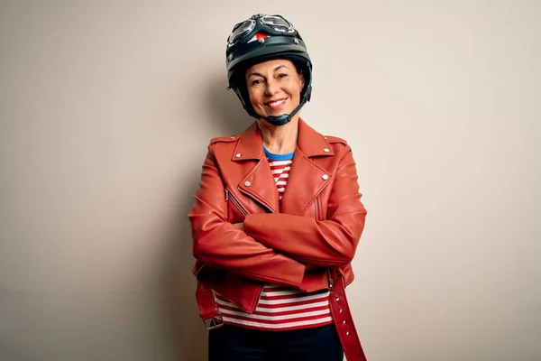 Femme Motocycliste Âge Moyen Portant Casque Moto Une Veste Sur — Photo