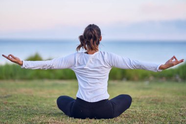 Genç yakışıklı sporcu yoga yapıyor. Koç arka planda oturup Lotus 'a parkta poz vermeyi öğretiyor.