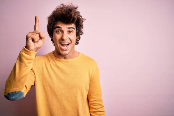 Young Handsome Man Wearing Yellow Casual Shirt Standing Isolated Pink — Stock Photo, Image