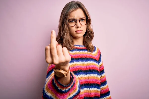 Young Beautiful Blonde Girl Wearing Glasses Casual Sweater Pink Isolated — Φωτογραφία Αρχείου