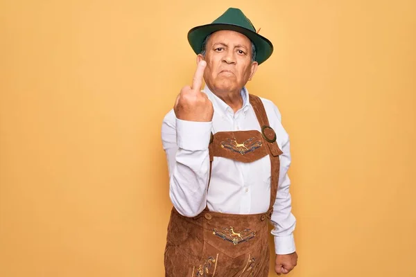 Senior Grey Haired Man Wearing German Traditional Octoberfest Suit Yellow — Φωτογραφία Αρχείου