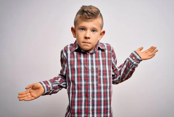 Young Little Caucasian Kid Blue Eyes Wearing Elegant Shirt Standing — Stock Photo, Image