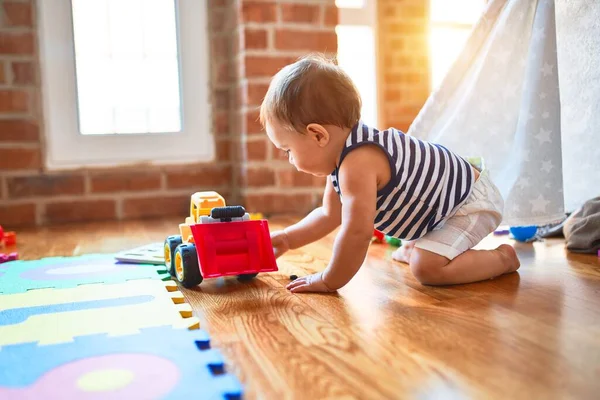 Adorable Toddler Crawling Lots Toys Kindergarten — Stock Photo, Image