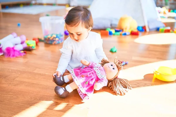 Beautiful Infant Happy Kindergarten Colorful Toys Playing Doll — Stock Photo, Image