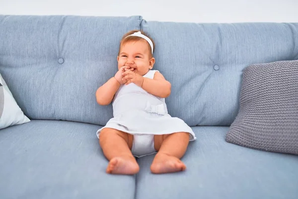 Adorable Baby Lying Sofa Home Newborn Relaxing Resting Comfortable — Stock Photo, Image