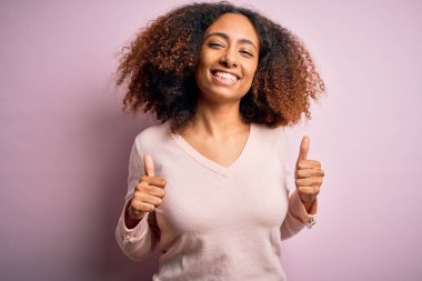 Afro saçlı, pembe arka plan başarısı tabelasının üzerine günlük kazak giyen, el hareketleriyle olumlu jest yapan, gülümseyen ve mutlu genç Afrikalı Amerikalı bir kadın. Neşeli ifade ve kazanan jest.