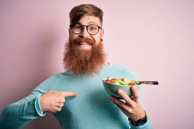Kızıl saçlı, sakallı sağlıklı bir İrlandalı pembe arka planda vejetaryen yeşil salatası yiyor.