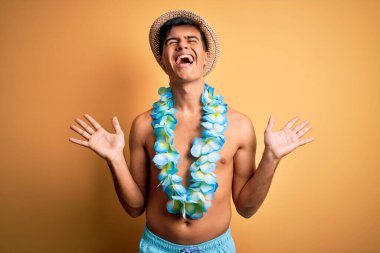 Mayoyla gezen genç ve yakışıklı bir turist ve Hawaii çiçek çiçekleri kollarını kaldırmış ve gözlerini kapatmış heyecanla haykırarak başarıyı kutluyorlar. Kazanan konsept