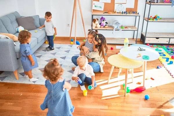 Beautiful Teacher Group Toddlers Playing Lots Toys Kindergarten — Stock Photo, Image