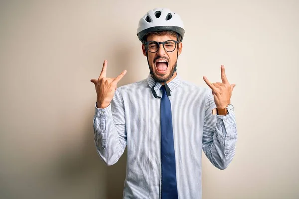 Giovane Uomo Affari Indossa Occhiali Casco Bici Piedi Sopra Isolato — Foto Stock