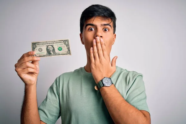 Joven Hombre Guapo Sosteniendo Billetes Dólar Sobre Aislado Fondo Blanco — Foto de Stock