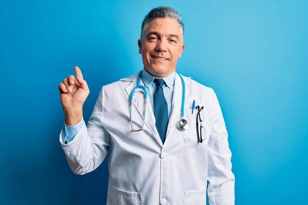 Middle Age Handsome Grey Haired Doctor Man Wearing Coat Blue — Stock Photo, Image