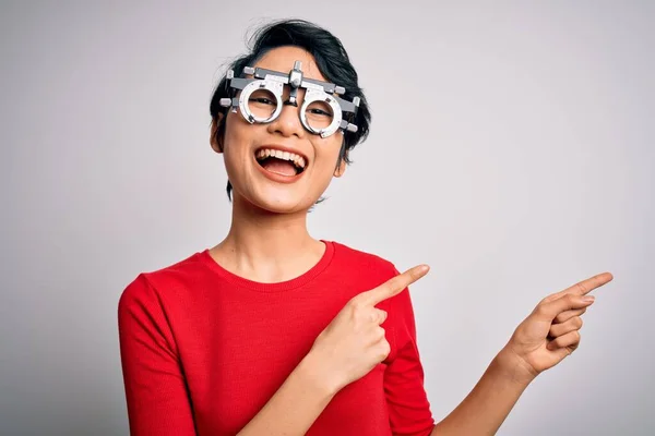 Young Beautiful Asian Girl Wearing Optometry Glasses Standing Isolated White — Stock Photo, Image