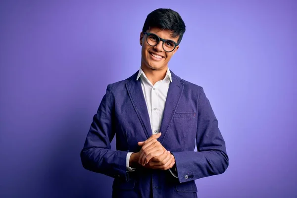 Young Handsome Business Man Wearing Jacket Glasses Isolated Purple Background — Stock Photo, Image