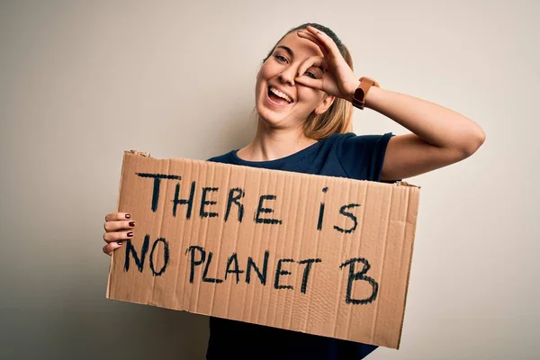 Young Beautiful Blonde Woman Blue Eyes Asking Protect Planet Holding — Stock Photo, Image