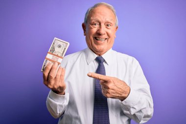 Mor arka planda elli dolarlık banknotlar tutan yaşlı gri saçlı adam. Elle ve parmakla göstererek çok mutlu.