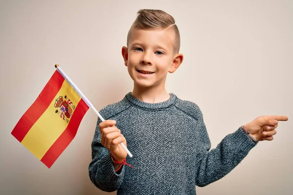 Young Little Caucasian Kid Flag Spain Isolated Background Very Happy — Stock Photo, Image