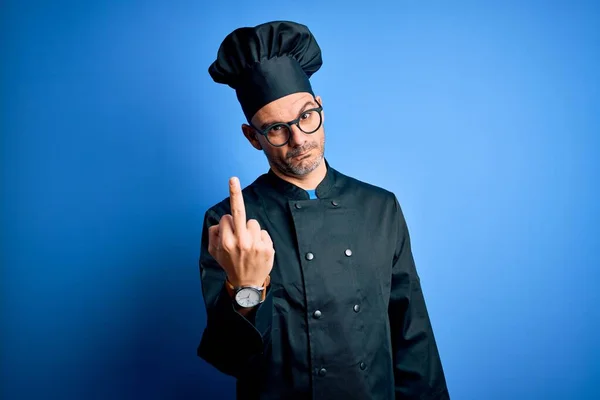 Young Handsome Chef Man Wearing Cooker Uniform Hat Isolated Blue — Stockfoto