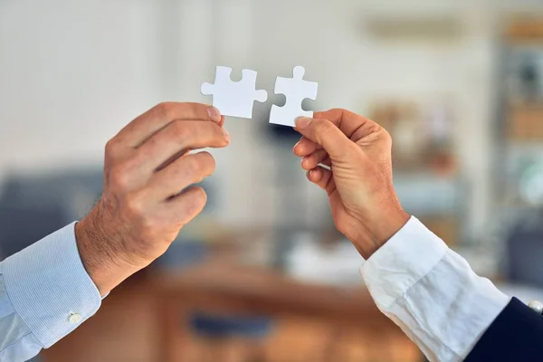 Two Business Hands Trying Connect Couple Puzzle Piece Office — 스톡 사진