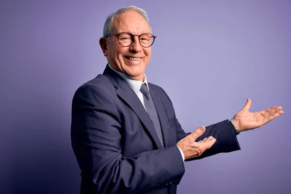 Hombre Negocios Senior Pelo Gris Con Gafas Elegante Traje Corbata — Foto de Stock