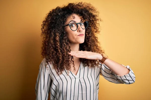 Young Beautiful Woman Curly Hair Piercing Wearing Striped Shirt Glasses — Stock Photo, Image